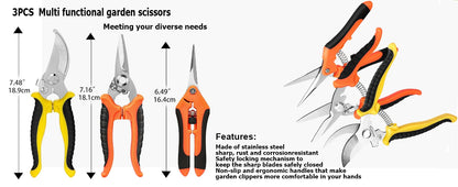 3pcs Stainless Steel Garden Scissors Set (Pruner, Multi-Tool)