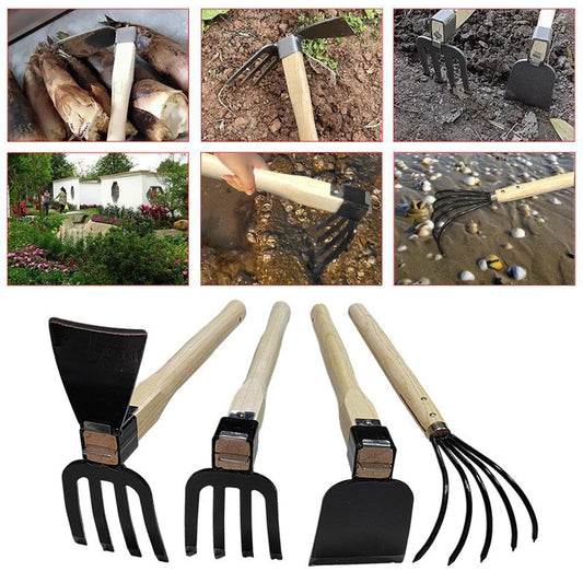 Mini Garden Cultivator with Wooden Handle - Hoe, Rake & Weeding Tool